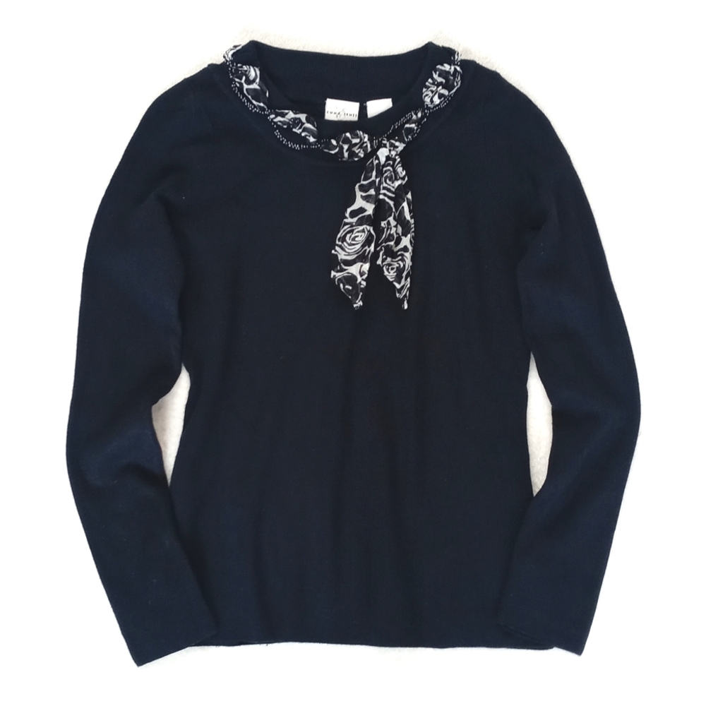 Emma James Nylon Rayon Deep Navy Blue Long Sleeve Sweater Silk Beaded Bow Trim S